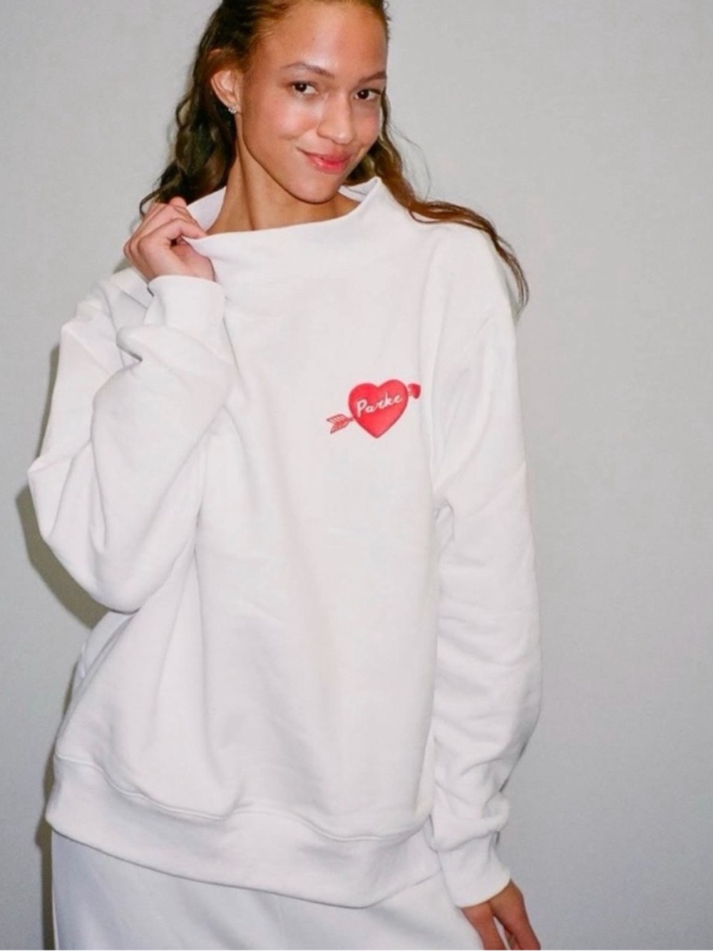 Parke Mockneck valentines collection Pullover Sweatshirt with Red Heart Graphic